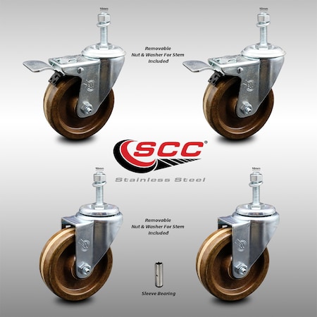 4 Inch SS High Temp Phenolic 10mm Stem Caster Total Lock Brake SCC, 2PK